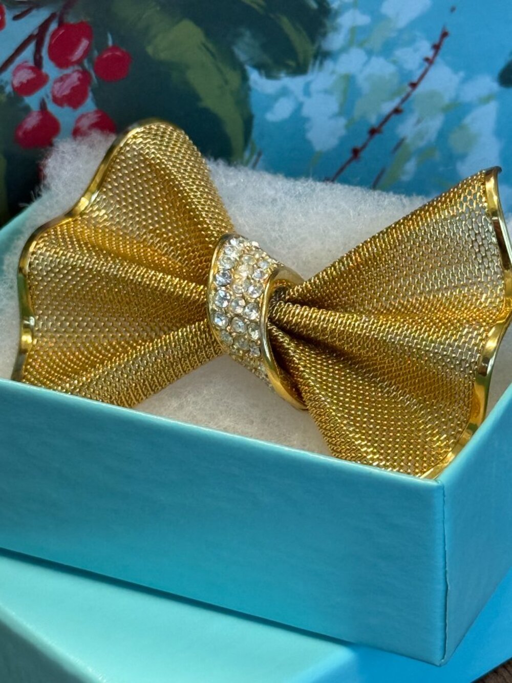 Vintage GIVENCHY-Paris-New York Gold Mesh Tuxedo Style Bow Brooch/Crystals